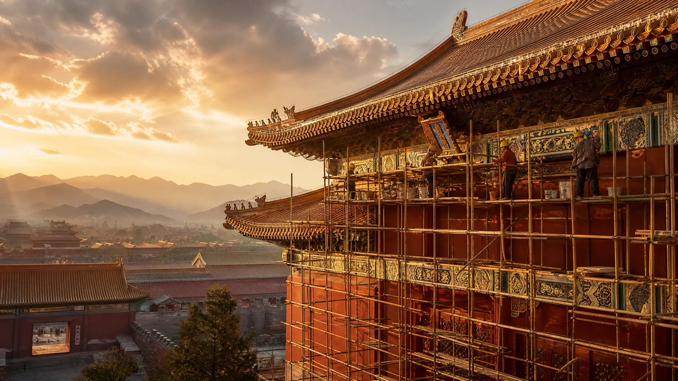 古建筑修复工程现场，工匠在脚手架上精心修复传统彩画